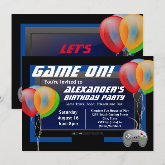 Schermballonnen Video Game Birthday Party Kaart (Voorkant / Achterkant)