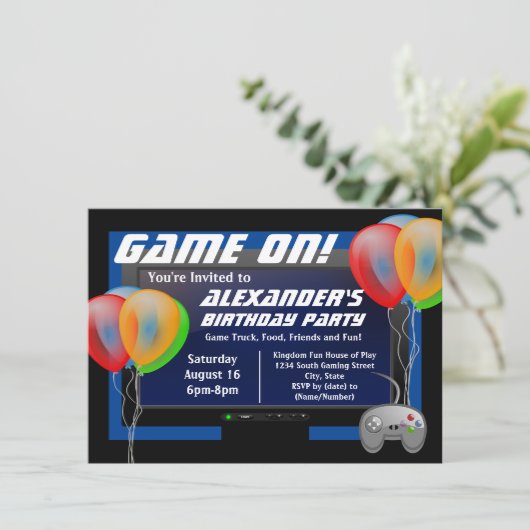 Schermballonnen Video Game Birthday Party Kaart (Staand voorkant)