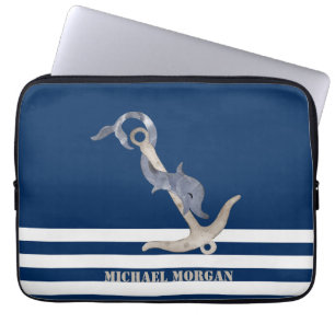 Scherpe anker dolfijn marineblauwe strepen zeiler laptop sleeve