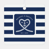 Scherpe Blau Gestreepte Touw Hart Anker Kerst Metalen Ornament (Voorkant)