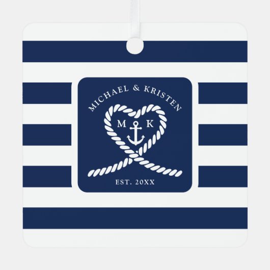 Scherpe Blau Gestreepte Touw Hart Anker Kerst Metalen Ornament (Voorkant)