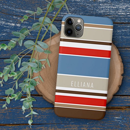 Scherpe blauwe beige bruine donkerrode witte strep iPhone hoesje