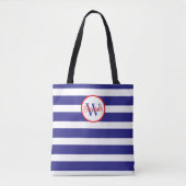 Scherpe blauwe en witte strepen monogram tote bag (Voorkant)