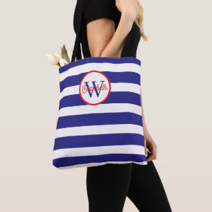 Scherpe blauwe en witte strepen monogram tote bag