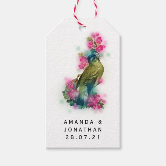 Scherpe Fantasie Bloemrijke Vogel Bruiloft Cadeaulabel (Voorkant)
