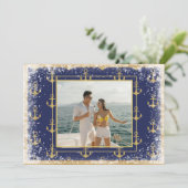 Scherpe foto goud blauw Kerstmis kerstkaart (Staand voorkant)