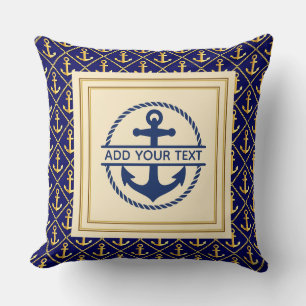 Scherpe Navy Blauw en Goud Aangepaste Naam Anker Kussen