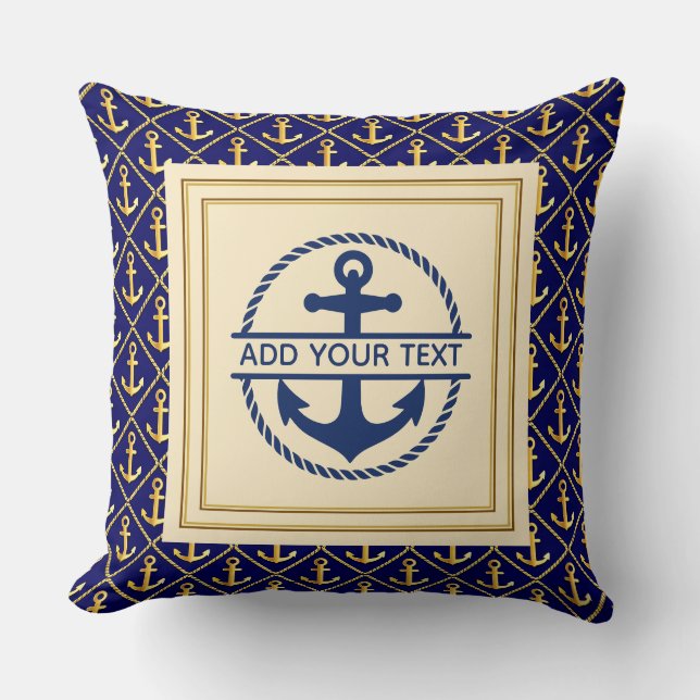 Scherpe Navy Blauw en Goud Aangepaste Naam Anker Kussen (Voorkant)