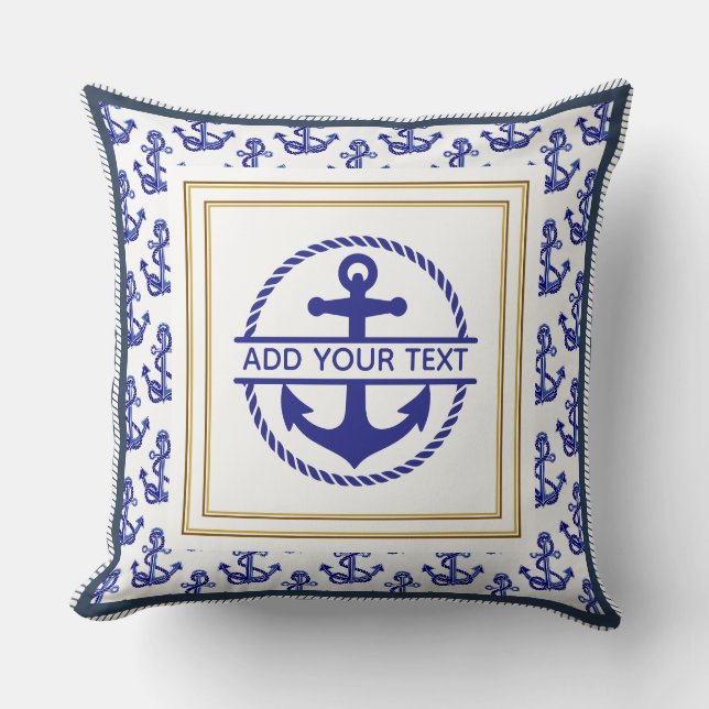 Scherpe Navy Blauwe Anker Aanpasbare Naam Kussen (Voorkant)