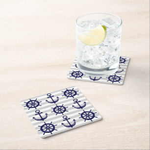 Scherpe Navy Blauwe Anker Boot Wiel Grijze Streep Kartonnen Onderzetters