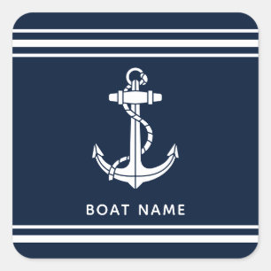 Scherpe Navy Blauwe Anker en Bootnaam op Maat Vierkante Sticker