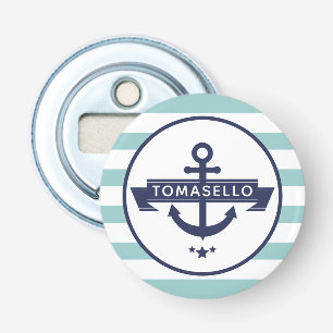 Scherpe Navy Blauwe Anker Familie Naam Aqua Streep Button Flesopener
