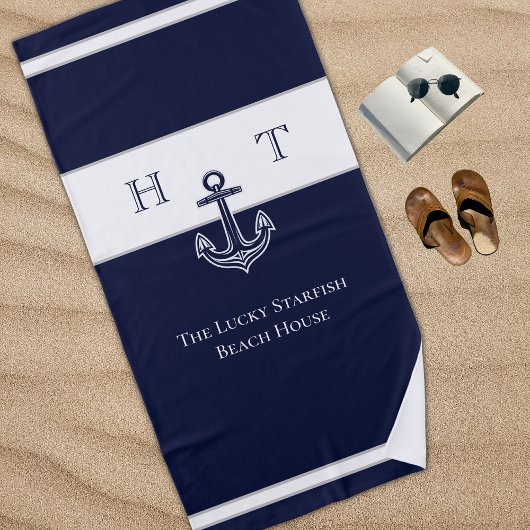 Scherpe Navy Blauwe Anker Kust Monogram Naam Strandlaken