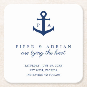 Scherpe Navy Blauwe Anker Monogram Save the Date Kartonnen Onderzetters