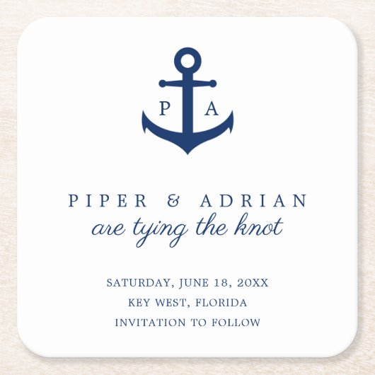 Scherpe Navy Blauwe Anker Monogram Save the Date Kartonnen Onderzetters (Voorkant)
