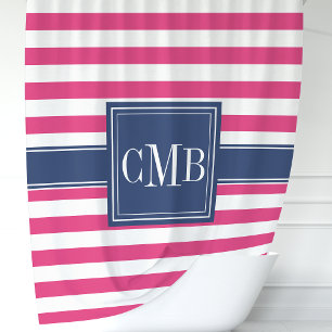 Scherpe Roze en Marine Strepen Nautilus Monogram Douchegordijn