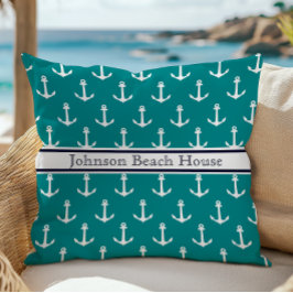 Scherpe Teal Blauwe Witte Anker Patroon Naam Kussen