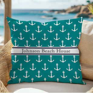 Scherpe Teal Blauwe Witte Anker Patroon Naam Kussen