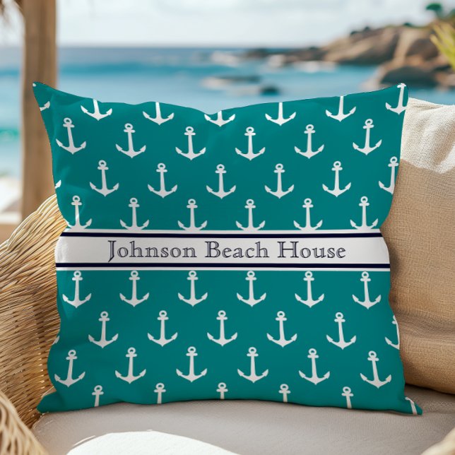 Scherpe Teal Blauwe Witte Anker Patroon Naam Kussen (Creator heeft geüpload)
