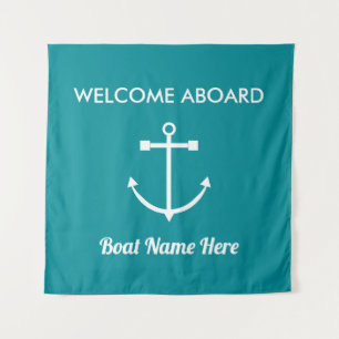Scherpe Turquoise Anker Welkom Aan Boord Bootnaam Wandkleed