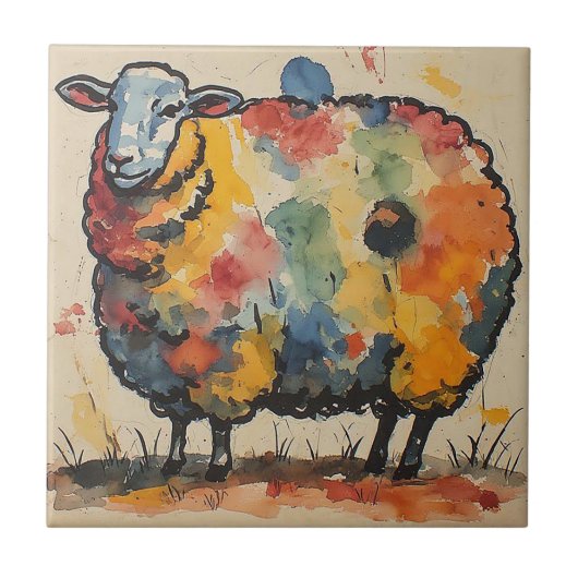 Scherpe Waterverf Schapen Schilderij Tegeltje (Voorkant)