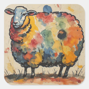 Scherpe Waterverf Schapen Schilderij Vierkante Sticker