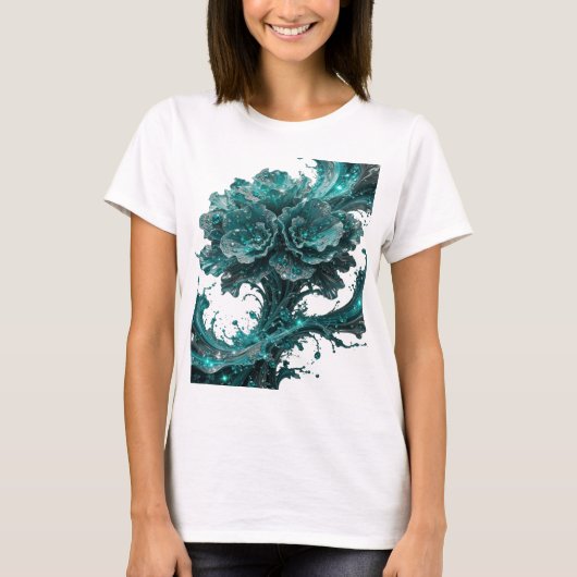 Scherpe zilveren blauwe bloemendesign T-shirt (Voorkant)