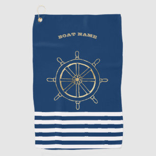 Scherpzinnig, Gouden scheepswiel, marineblauwe str Golfhanddoek