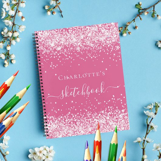 Schetchbook roze blush glitter name script notitieboek