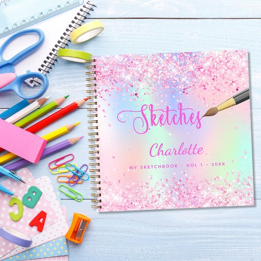 Schetchbook roze paarse glitter holografisch meisj notitieboek