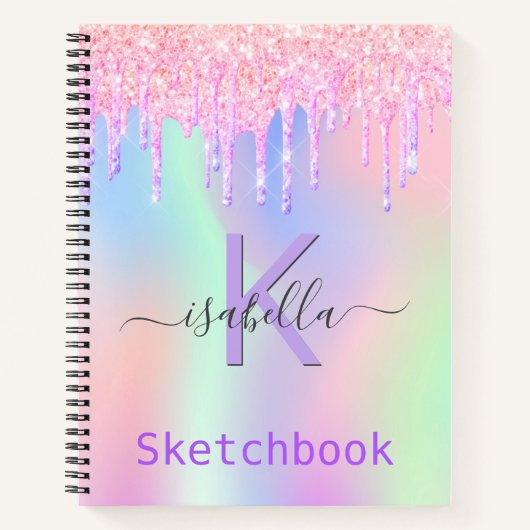 Schetchbook roze paarse glitter iridescent name notitieboek (Voorkant)
