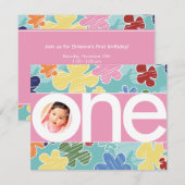 Schetchy Flowers First Birthday Pink Kaart (Voorkant / Achterkant)