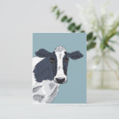Schetkergekleurde cow in blauwe tonnen briefkaart (Staand voorkant)