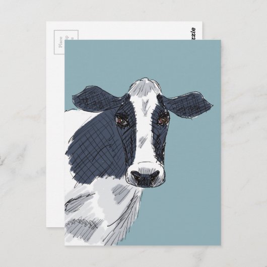 Schetkergekleurde cow in blauwe tonnen briefkaart (Voorkant / Achterkant)