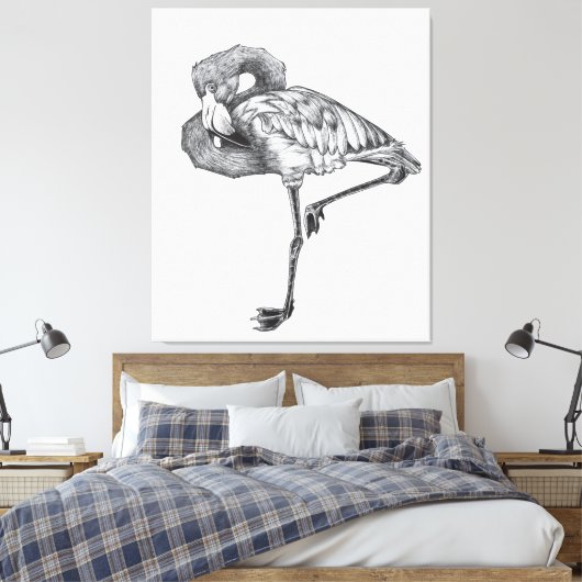 Schets Amerikaans BW Flamingo | Grappige Flamingo Canvas Afdruk (Insitu (Slaapkamer))
