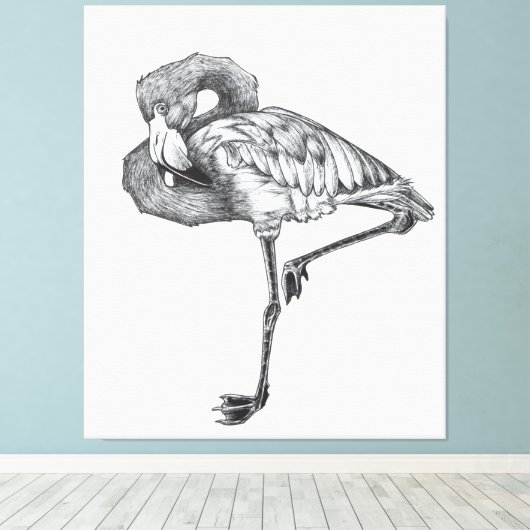 Schets Amerikaans BW Flamingo | Grappige Flamingo Canvas Afdruk (Insitu (Houten vloer))