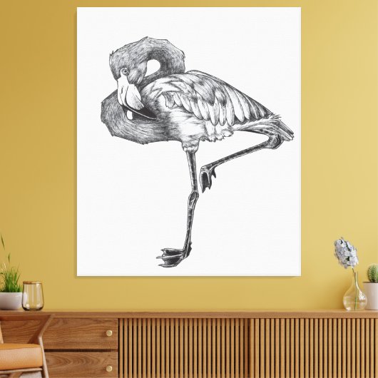 Schets Amerikaans BW Flamingo | Grappige Flamingo Canvas Afdruk (Insitu (Woonkamer))