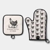  Schets Boerderij Hen Zwart & Wit Monogam Ovenwant & Pannenlap Set (Voorkant)