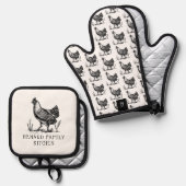  Schets Boerderij Hen Zwart & Wit Monogam Ovenwant & Pannenlap Set (Voorkant / Achterkant)