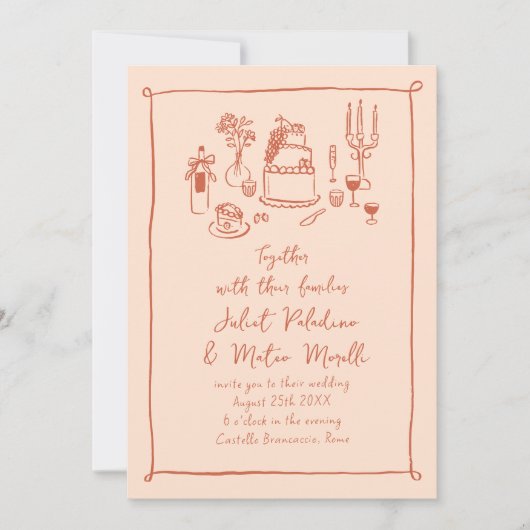 Schets eten en Drink Handgeschreven perzik bruilof Kaart (Voorkant)