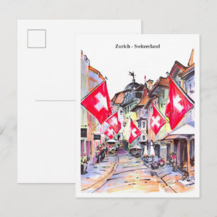 Schets gezellige straat Zürich Zwitserland Briefkaart