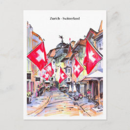 Schets gezellige straat Zürich Zwitserland Briefkaart