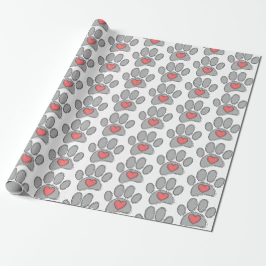 Schets Hond Poot Red Heart Art Cadeaupapier (Uitgerold)