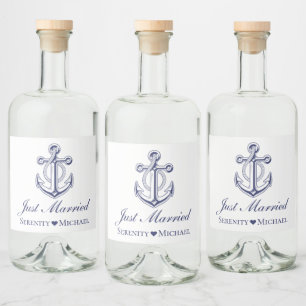 Schets Just Married Navy Blauwe Anker Trouwen Likeurfles Etiket