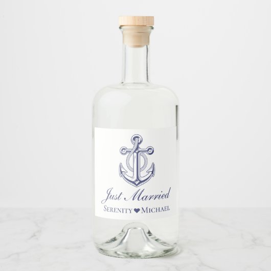 Schets Just Married Navy Blauwe Anker Trouwen Likeurfles Etiket (Voorkant)