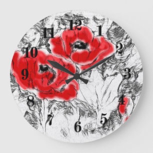 Schets met de hand getrokken rode papies bloemen b grote klok
