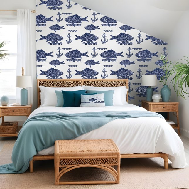  schets Nautical Fish, Waves & Anchor White Behang (Vintage Sketch Nautical Fish, Waves & Anchor White Wallpaper)