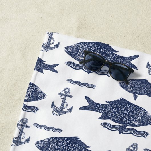  schets Nautical Fish, Waves & Anchor White Strandlaken (In situ)