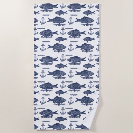  schets Nautical Fish, Waves & Anchor White Strandlaken (Voorkant)