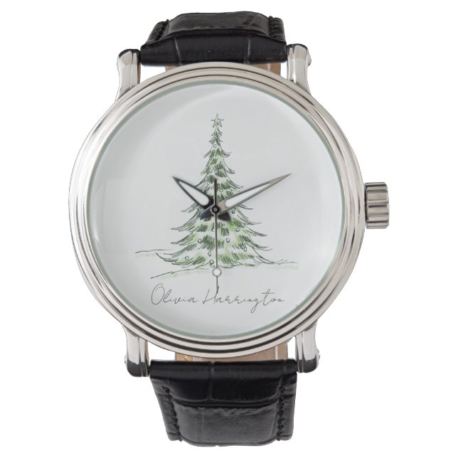 Schets Pine Kerstboom Minimale scriptnaam Horloge (Voorkant)